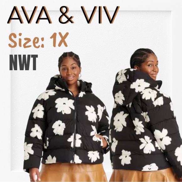 Ava & Viv Jackets & Blazers - AVA & VIV Short Puffer Coat Black & White Floral Size 1X